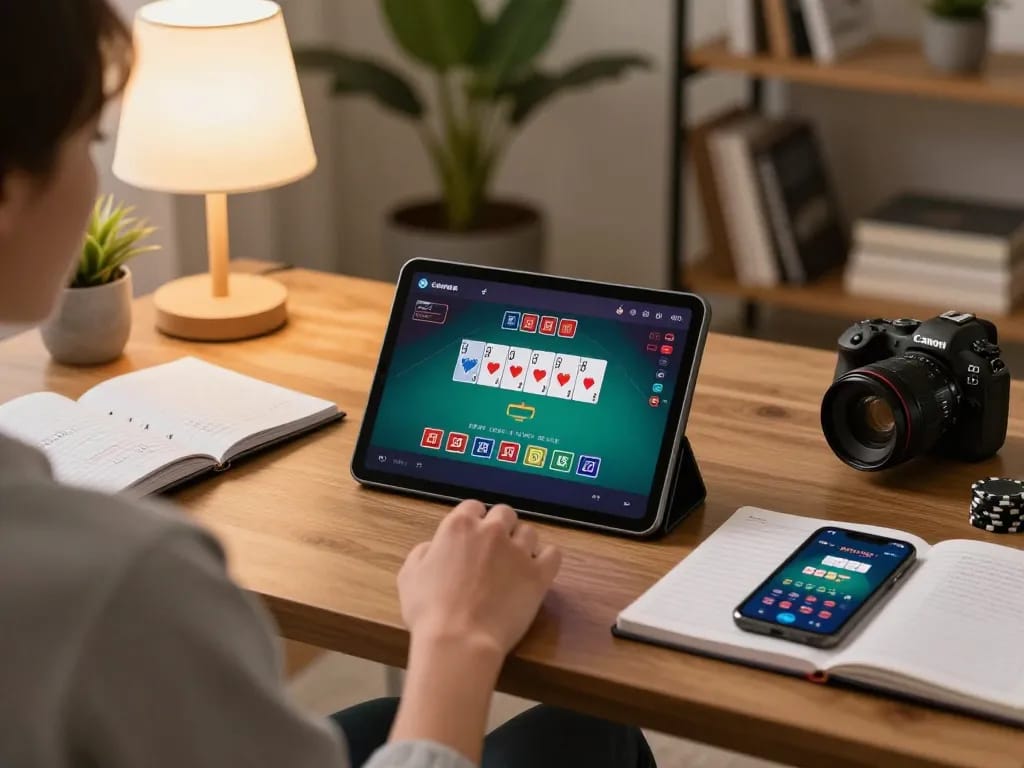CỔNG GAME SUNWIN in action as player places bets on tablet during cozy home gaming night.