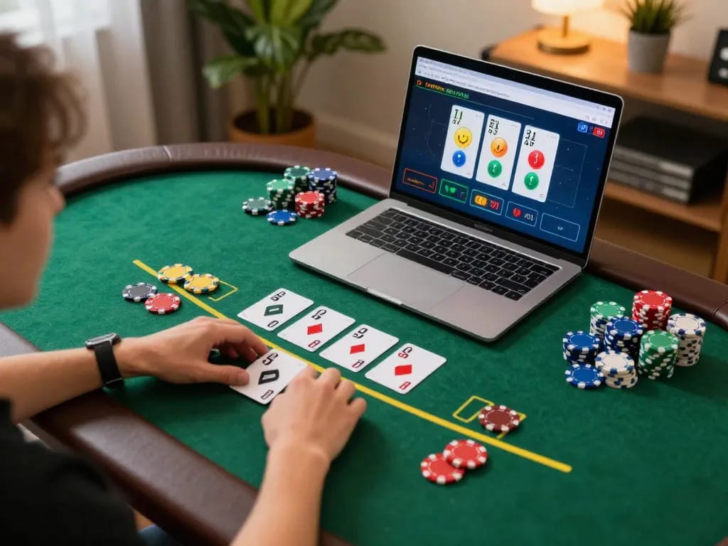 32win player strategizing during an online blackjack game in a cozy home setting