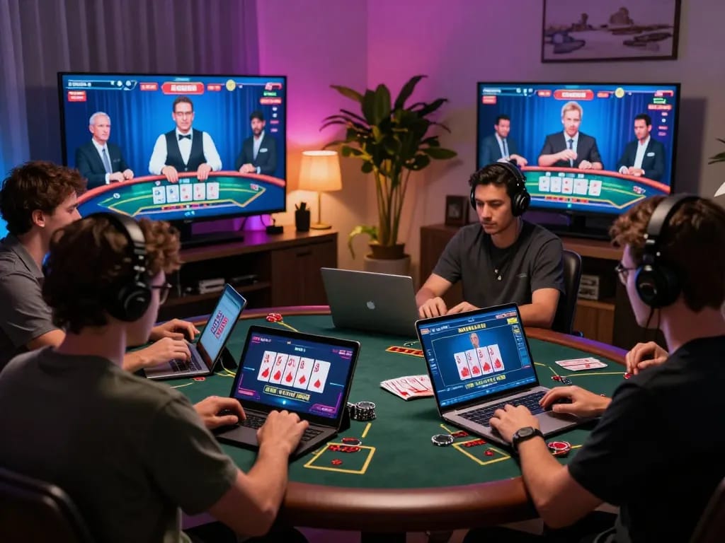 Online baccarat players enjoying a live game experience on various devices highlighting the excitement of 바카라사이트.