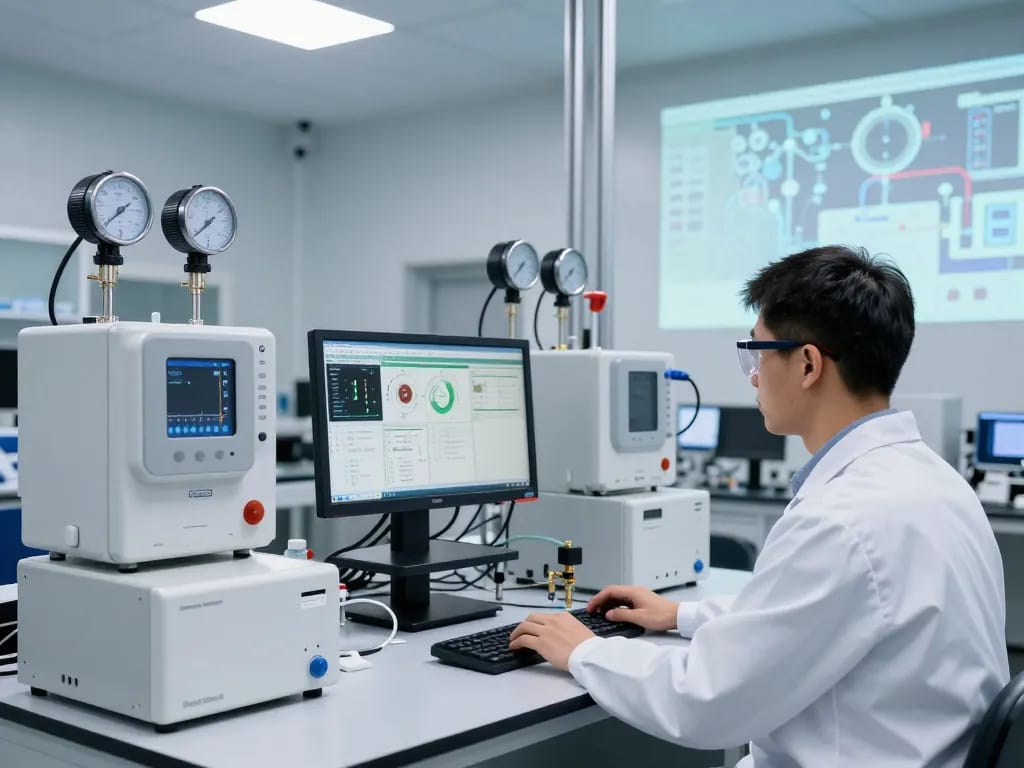 Technician operating Endress Hauser measurement instruments in a modern industrial lab.