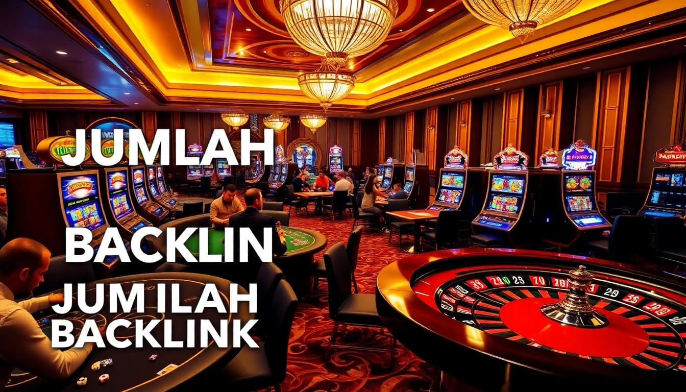 Dynamic casino scene featuring poker games and slot machines to symbolize JUMLAH BACKLINK for online gambling success.
