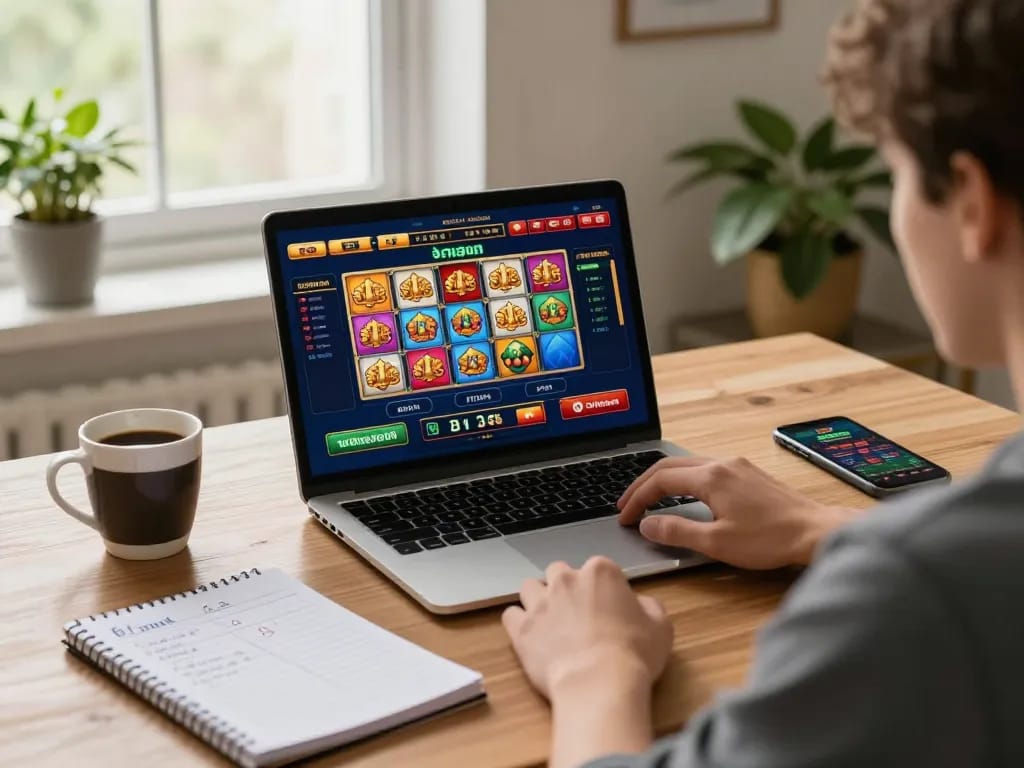 Engaging in สล็อตวอเลท via laptop, showcasing strategic online gaming setup for a cozy experience.
