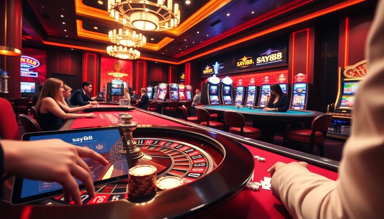 Players enjoying gambling at say88 casino tables with vibrant poker chips.
