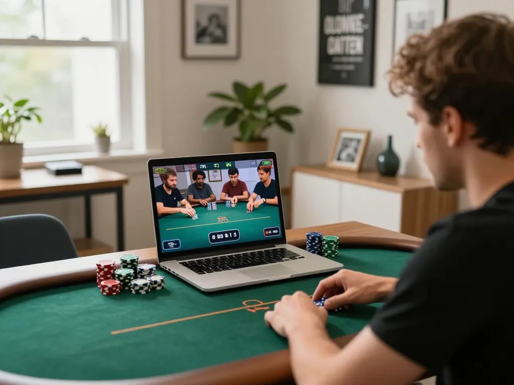 Player engaging in an intense online poker game through zkjj188 platform, showcasing strategic betting and concentration.