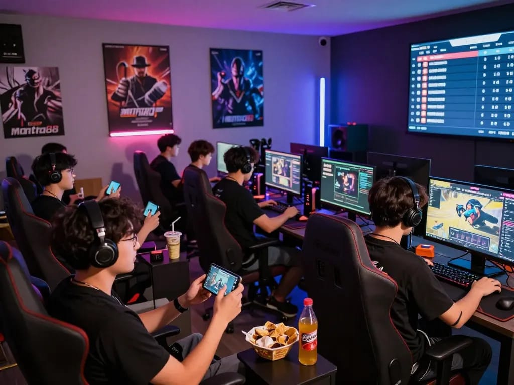 Competitive players enjoying games at mantra88 with vibrant neon lighting and engaging atmosphere.