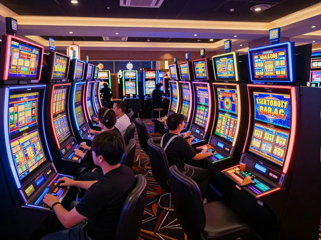 Engaged players celebrating their wins at vibrant slot resmi machines in a lively casino environment.