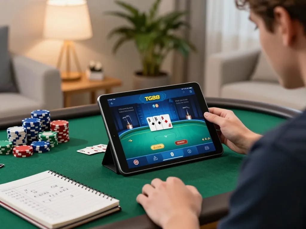 Player engaged in poker gameplay using the TG88 app on a tablet, showcasing strategic betting.