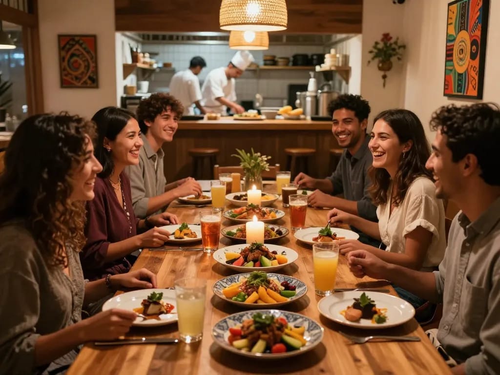 Exciting gathering at Pokerseri restaurant with friends enjoying traditional dishes in a cozy atmosphere.