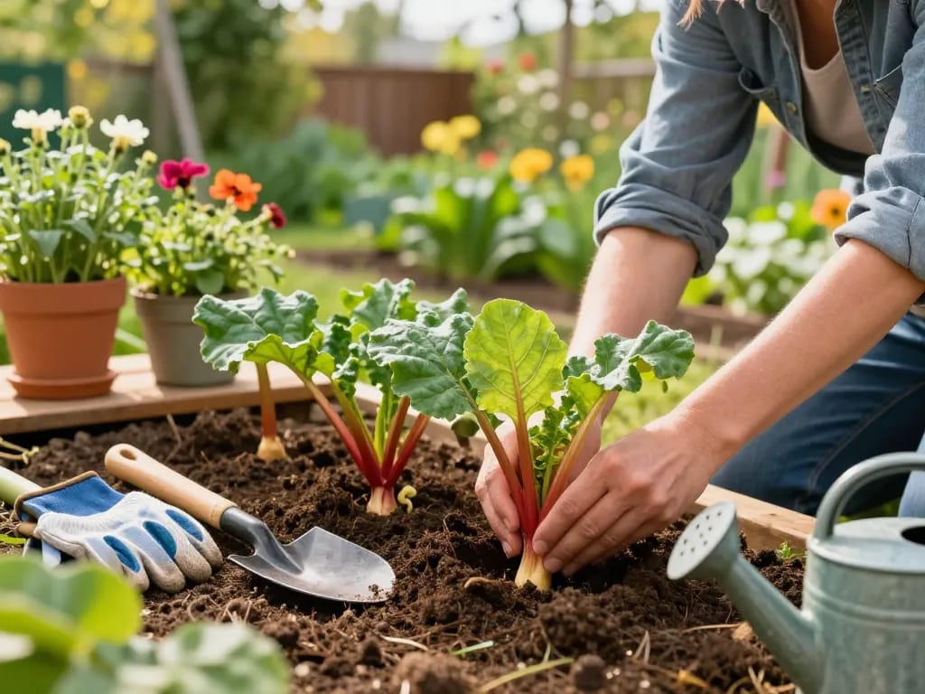 Rabarber stekken kopen in a vibrant garden scene with a gardener planting seedlings.