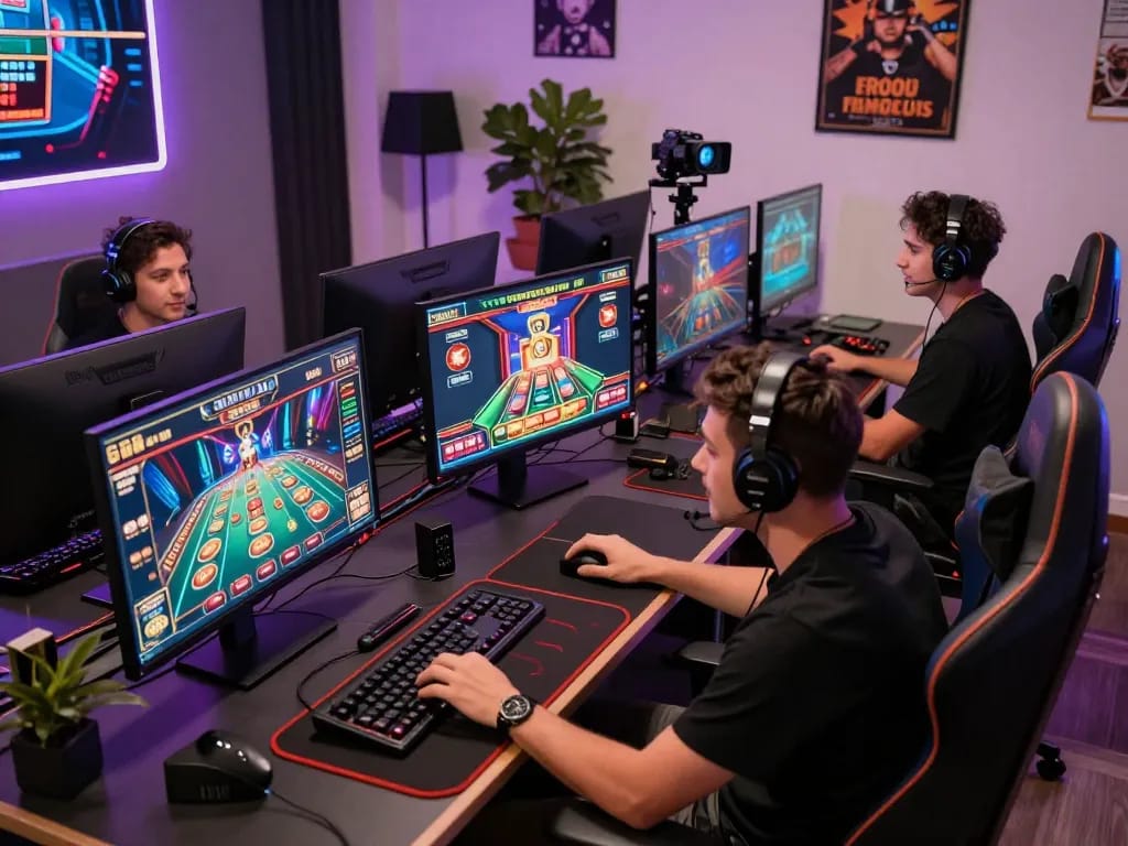 Player engaging in gaming strategies on multiple screens at TG88 online casino setup.