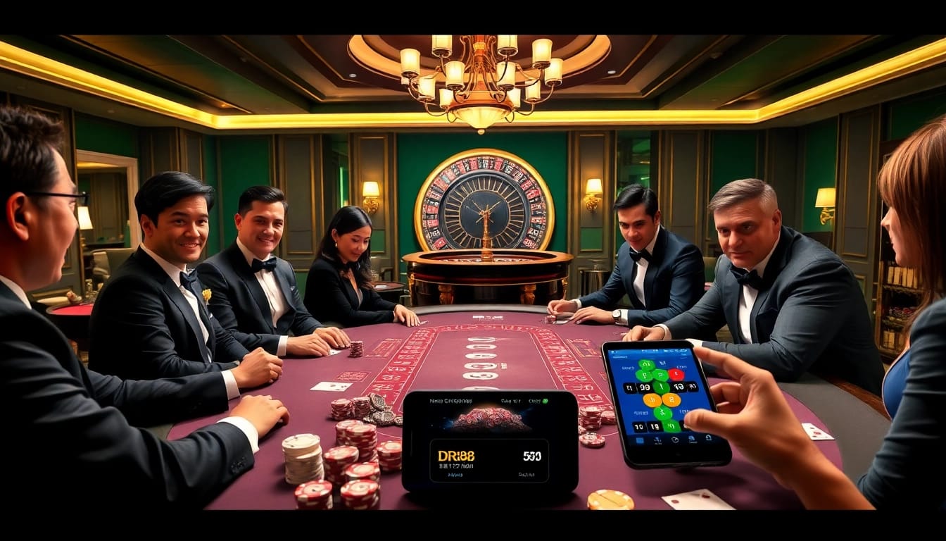 Engage in the excitement of Đăng ký DR88 at a luxurious casino poker table with vibrant players.