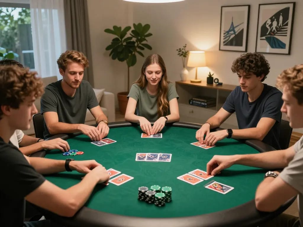 Friends enjoying an engaging poker night at home, showcasing the excitement of dn88 gaming with stylish decor.