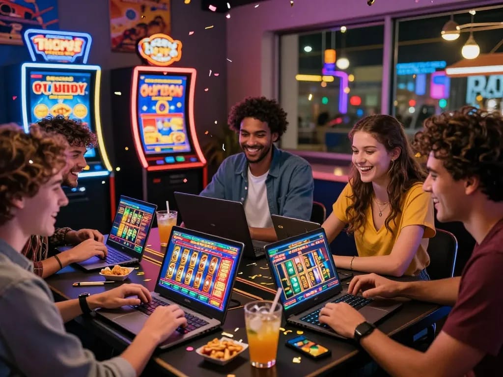 Teman-teman menikmati slot online laoban188, merayakan kemenangan dalam suasana permainan yang meriah.
