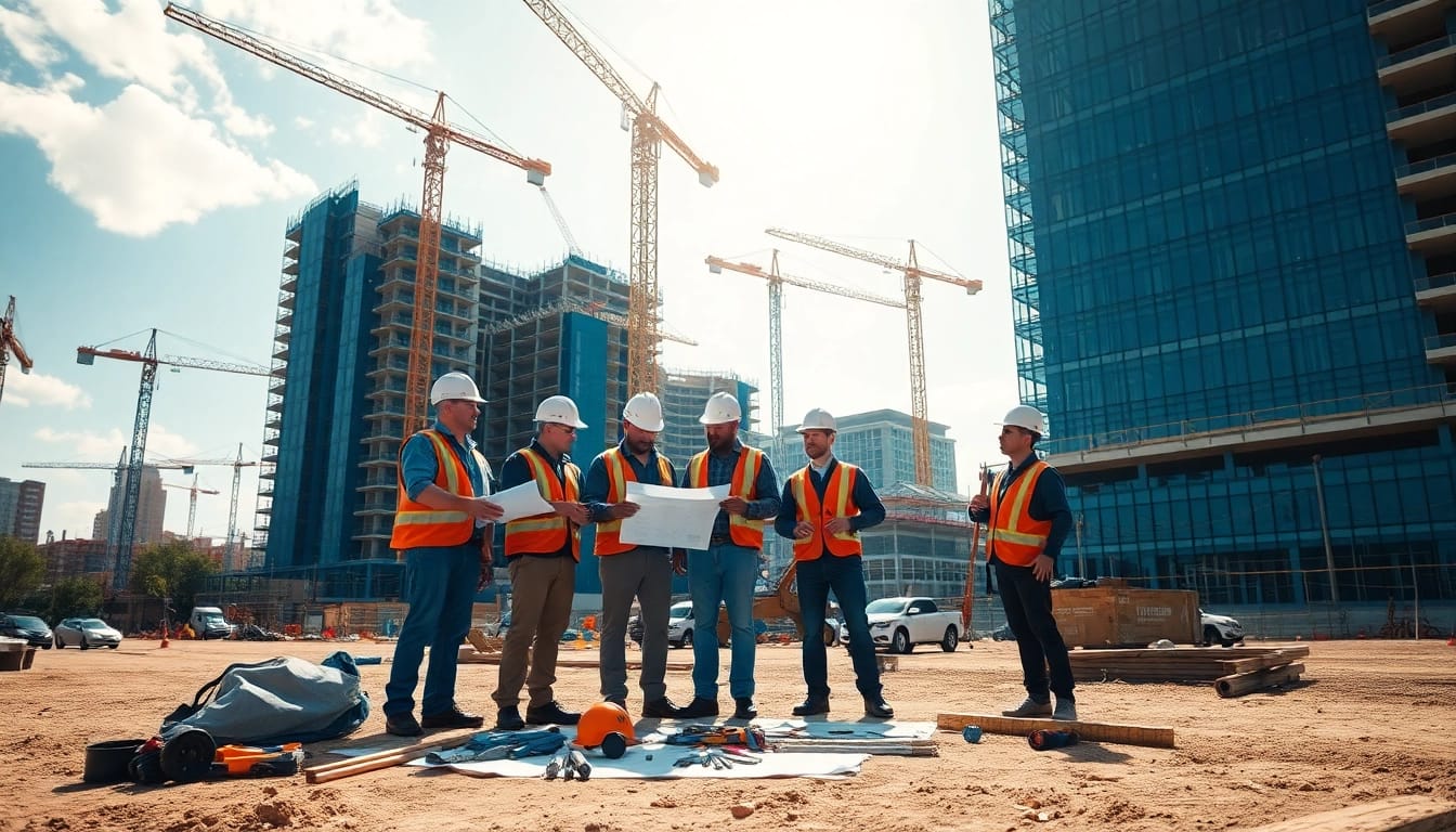 Explore professionals engaged in Austin construction with blueprints and equipment on site.