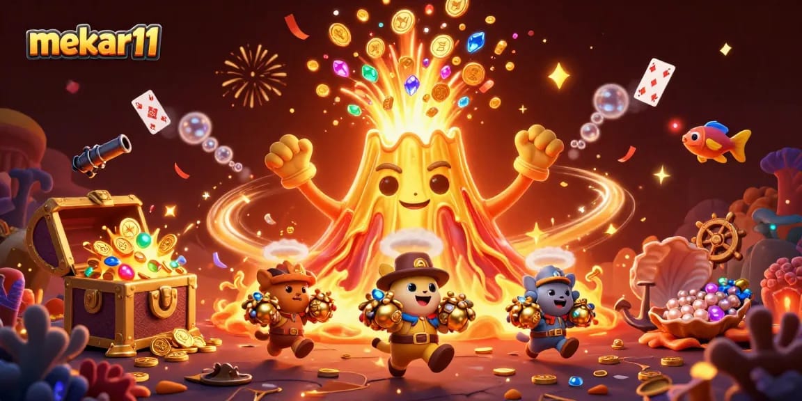 Mekar11 reveals treasures as cartoon volcano erupts with coins, enhancing your gambling adventure.
