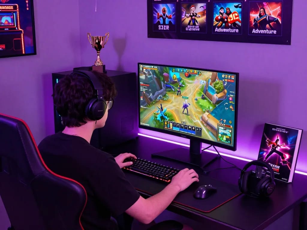 Engaging scene of a gamer focused on the mantra88 login interface amidst a vibrant setup featuring neon purple accents in a modern gaming space.