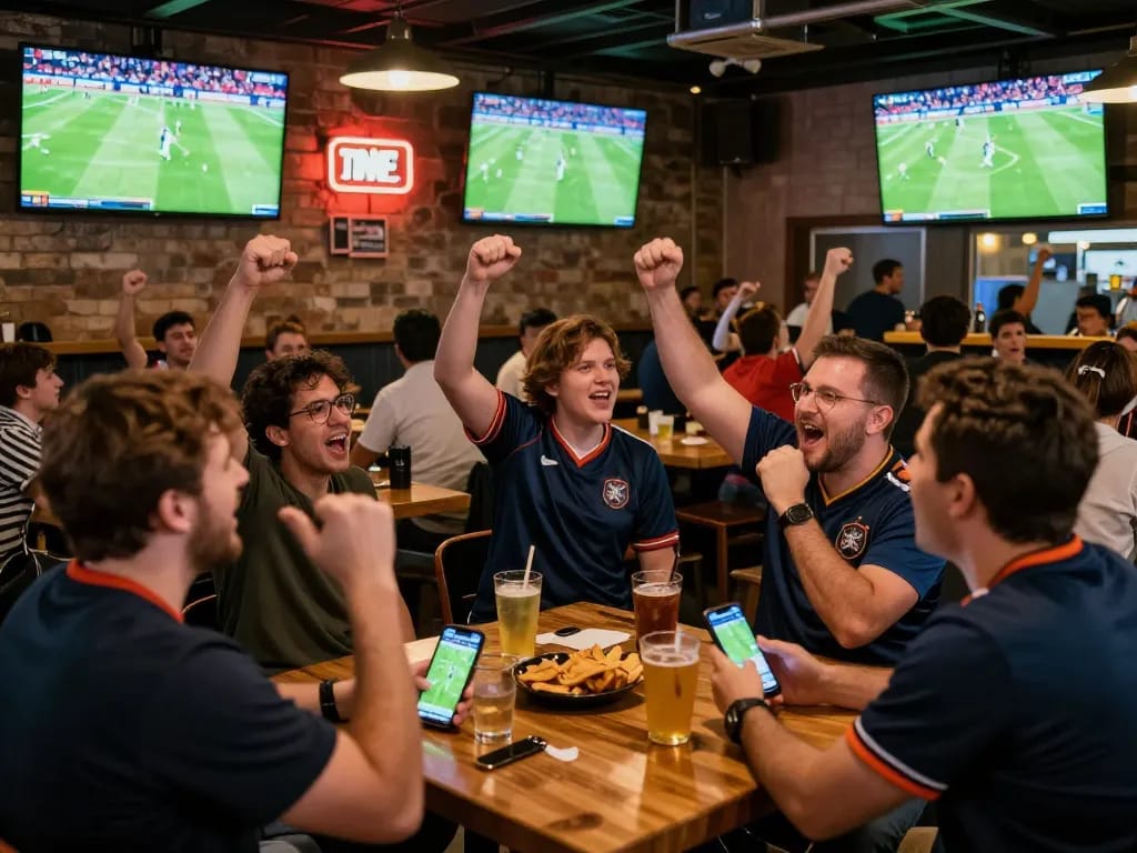 Cakhia TV app displayed on smartphone while fans enjoy a thrilling football match in a vibrant bar.