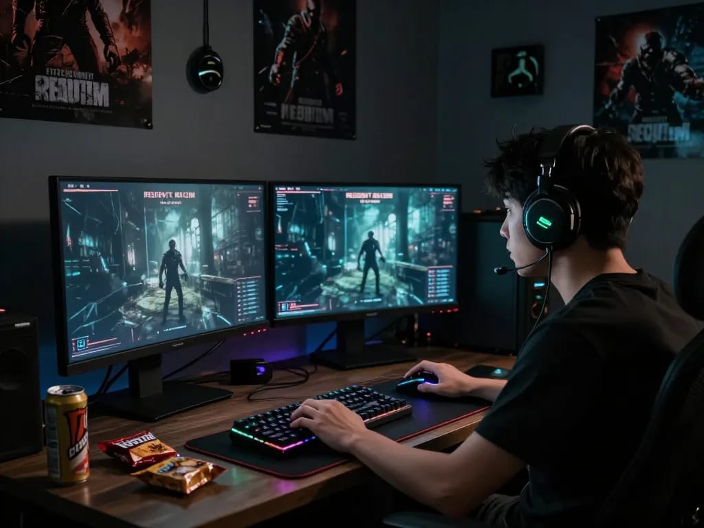 Gamer immersed in Resident Evil Requiem, showcasing thrilling horror gameplay experience.