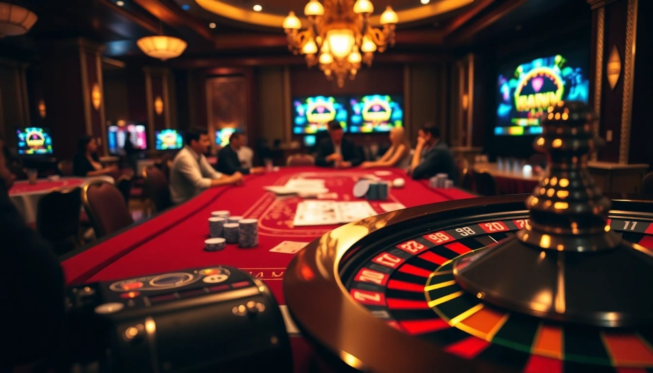 Jeu passionnant dans un casino en ligne avec des jetons de poker et une roue de roulette dans un cadre luxueux.