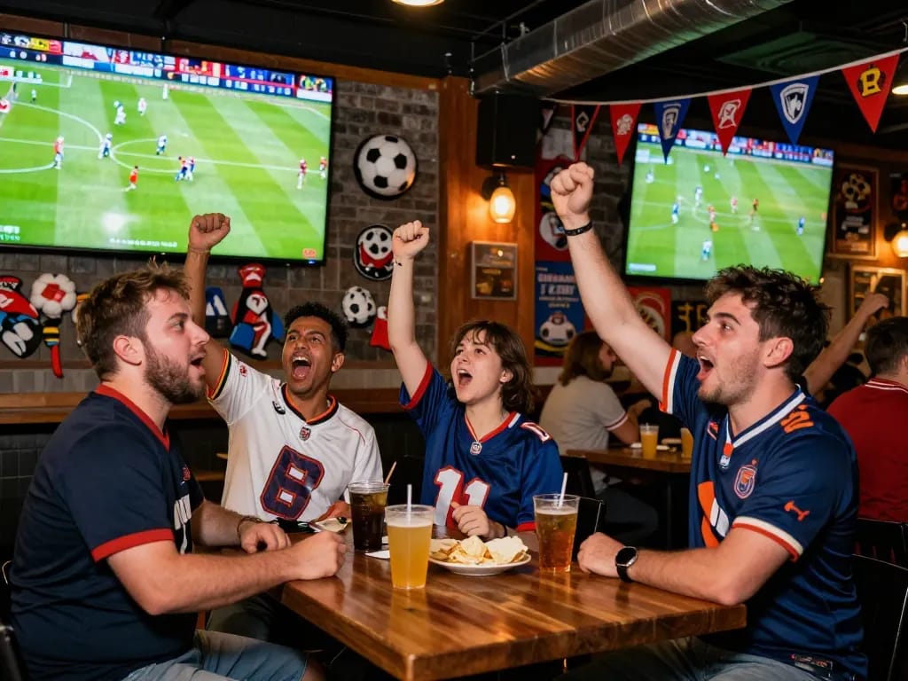 Exciting fans watching Trực Tiếp Bóng Đá Cakhiatv in a vibrant sports bar.