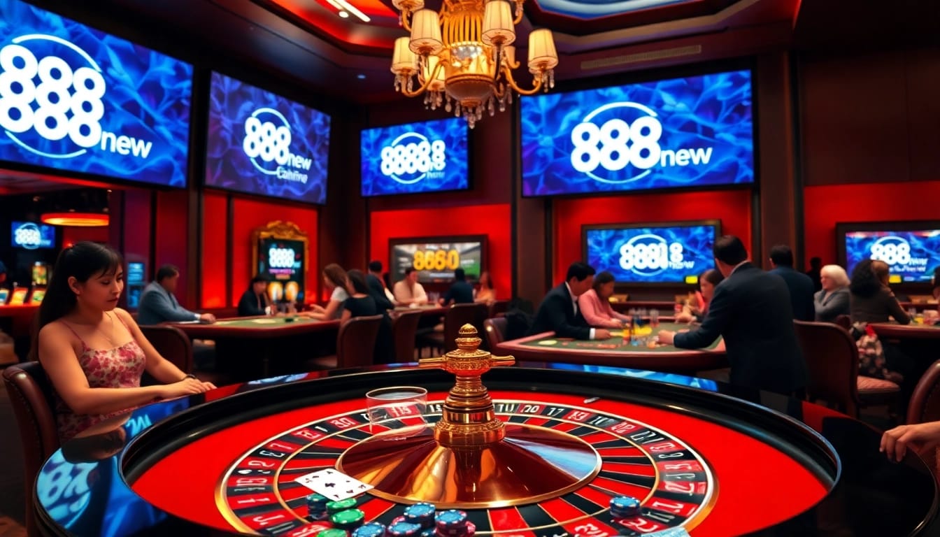 Exciting casino scene showcasing 888new with roulette table and vibrant poker chips.