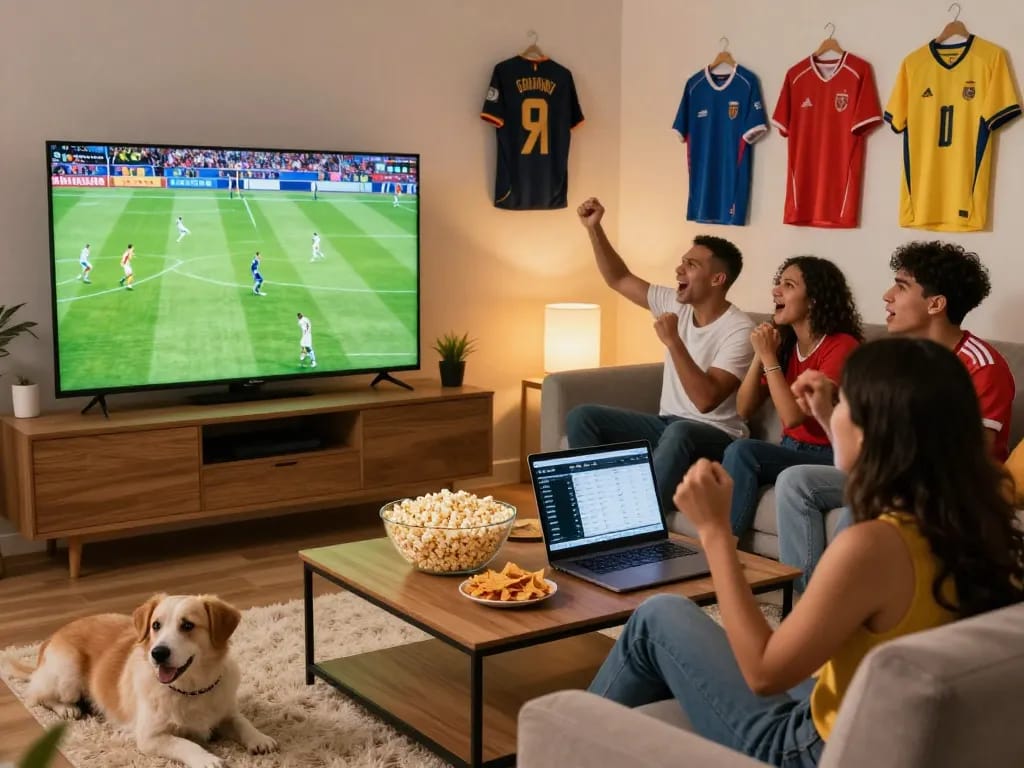 Cakhiatv live football streaming scene with friends cheering in a modern living room.