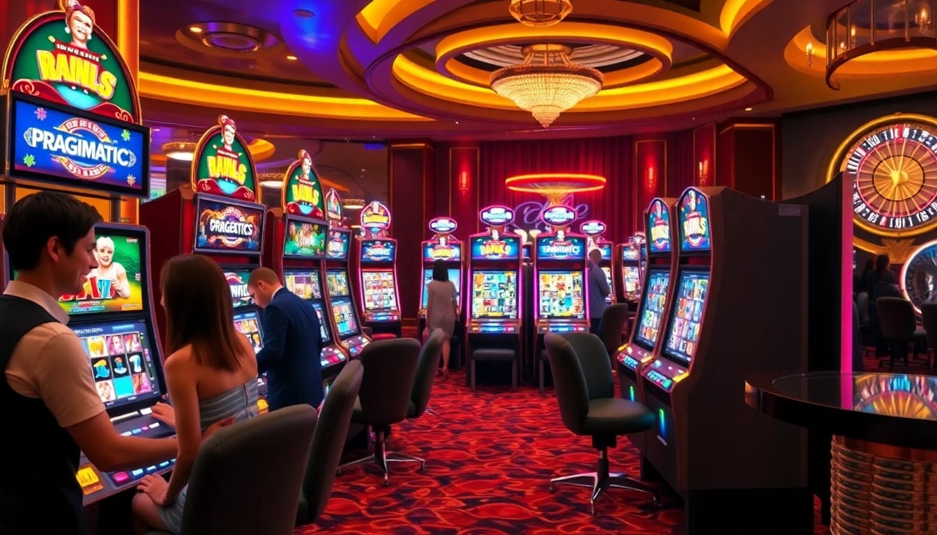 Engaging with a pragmatic slot machine in a luxurious casino atmosphere, filled with excitement.