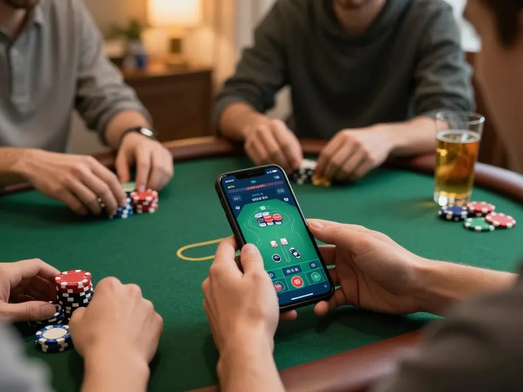 Playing poker online at OK789 with vibrant interface and engaged players at home