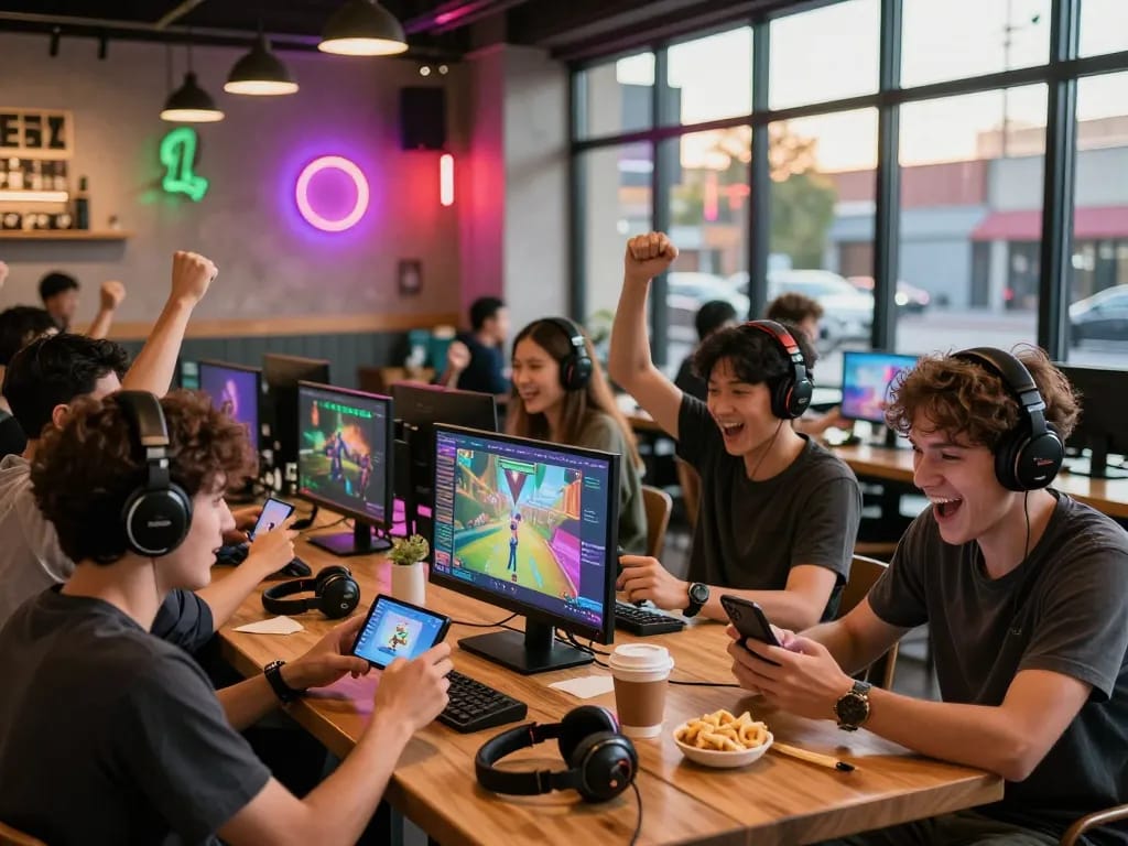 Excited players experiencing autowin88 mobile gaming at an urban café
