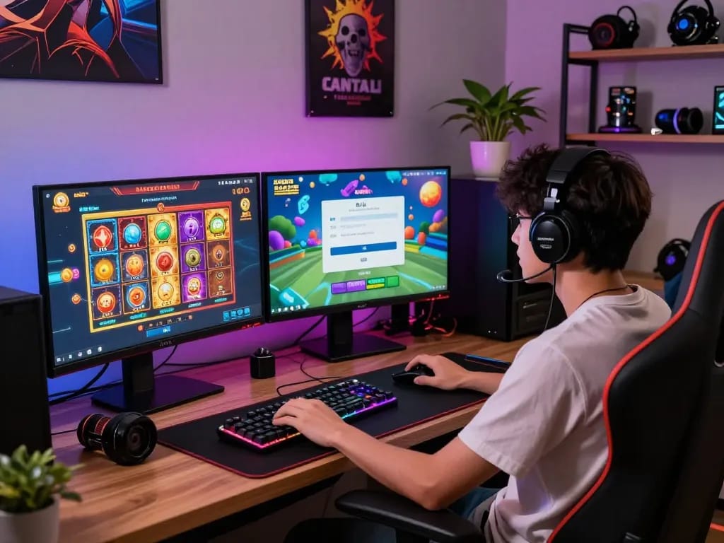 BANTAITOGEL ~ Login Situs Bandar Toto Togel Online & Link Toto Slot Online Terpercaya Hari Ini on a vibrant gaming setup showcasing a user engaged in online betting.