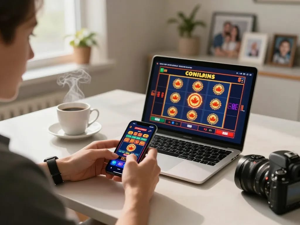 Engaging moment of betting on online casinos Canada with a smartphone on a cozy dining table.