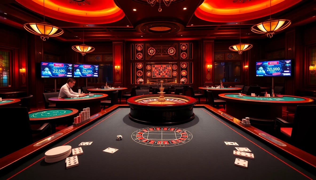 Découvrez l'excitation d'un casino en ligne avec des tables élégantes, des jetons vibrants et des interfaces de pari numériques.