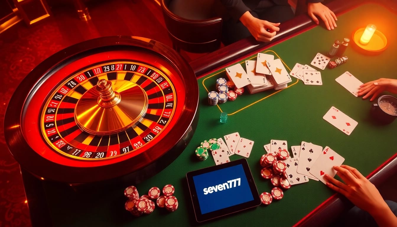 Experience the thrill of seven77 casino action with a vibrant roulette wheel and poker chips.