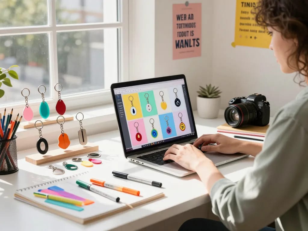 Creative workspace displaying custom key chains design process with materials and mockups.