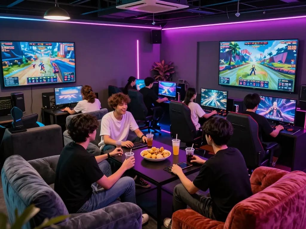 Players engaged in exciting xxx games at a vibrant gaming lounge with snacks and neon lights.