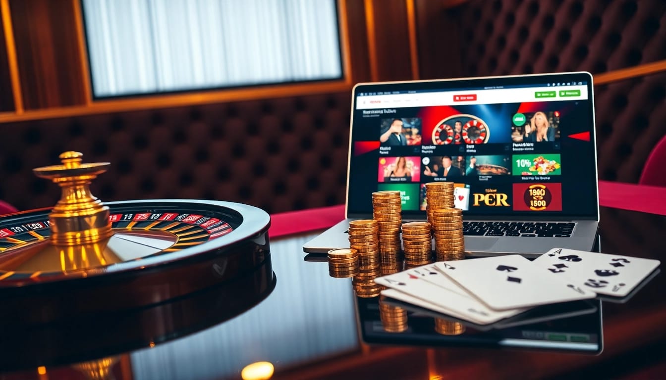 Scène captivante de casino en ligne avec roulette et jetons de poker.