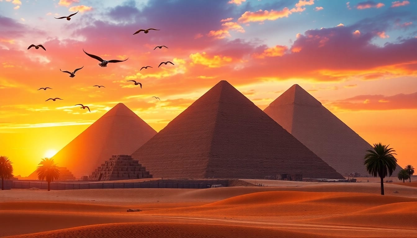 Vibrant sunset illuminating the iconic pyraminds, with birds soaring above and desert scenery.