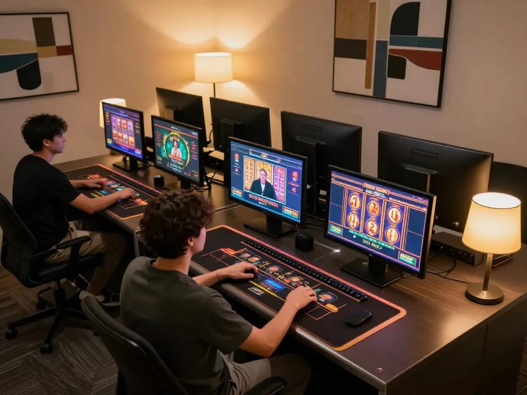Engaging gameplay at a sunwin online casino with vibrant slot reels spinning and a live dealer.