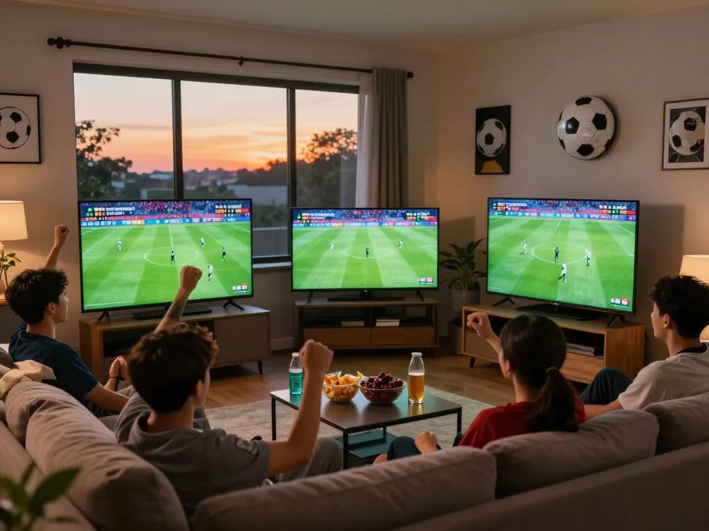Fans enjoying a thrilling match together on Luongson TV with vibrant displays and snacks.