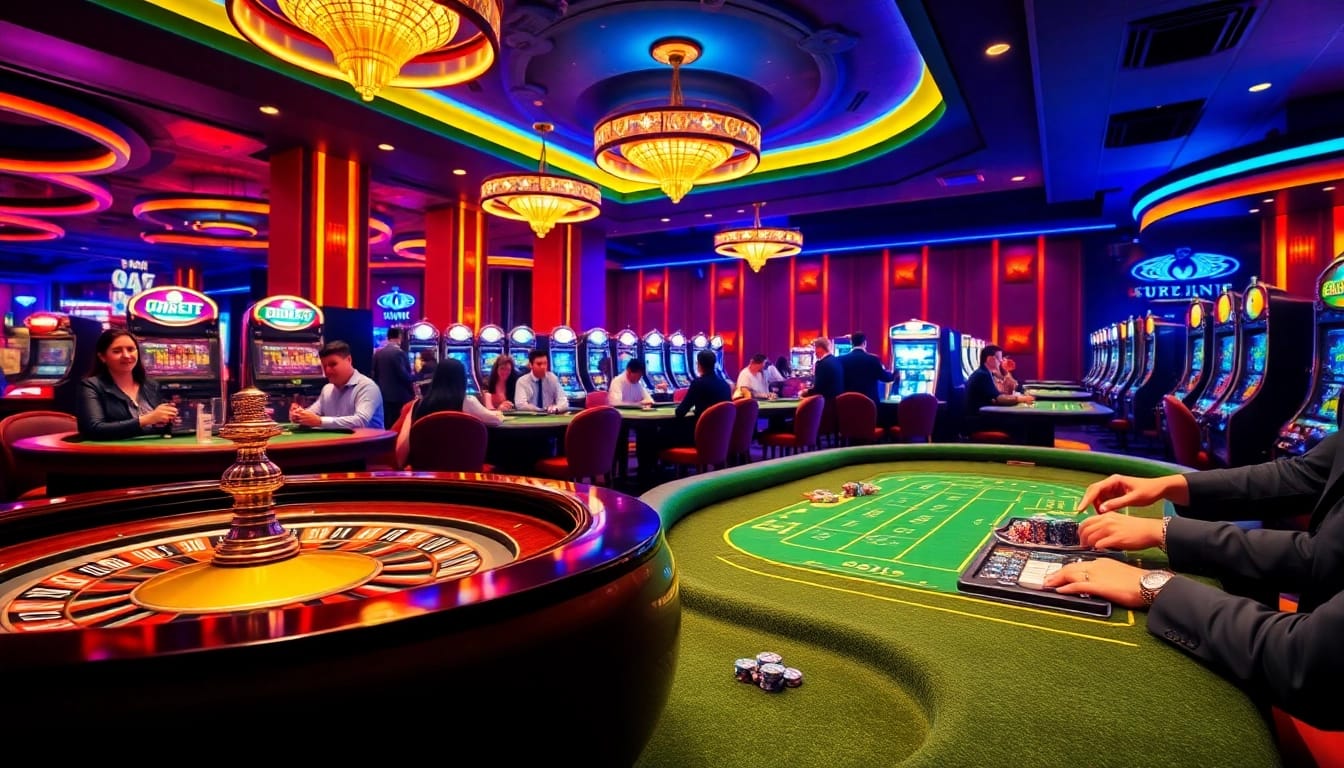 Players enjoy high-stakes games at the uu88 casino, surrounded by vibrant tables and slot machines.
