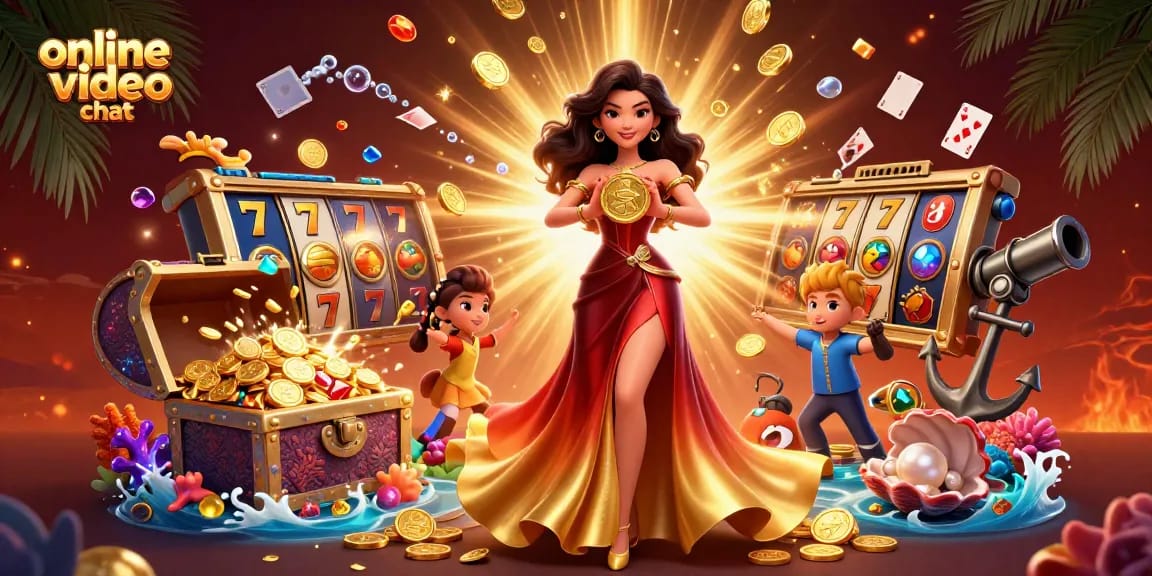 Engage in online video chat with real people while enjoying vibrant casino-themed elements.