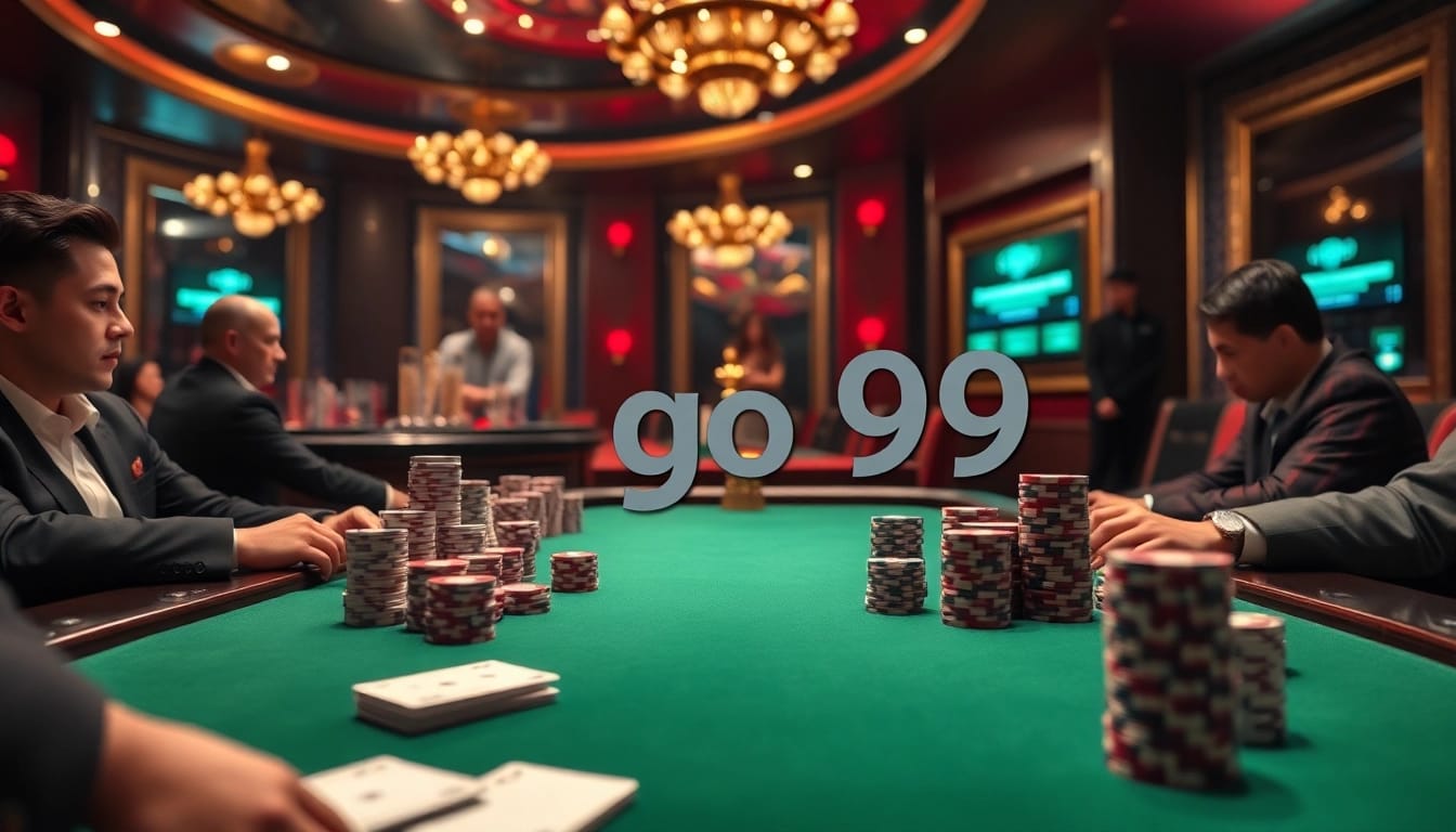 Engaging scene of poker action at the casino table showcasing 'go 99' chips and cards.