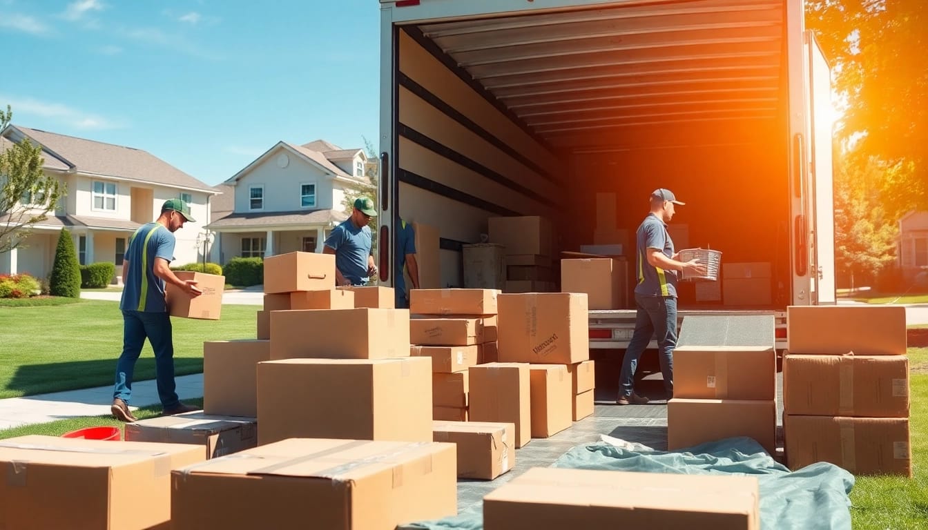 Out of State Movers organizing and loading belongings into a truck in a sunny neighborhood.