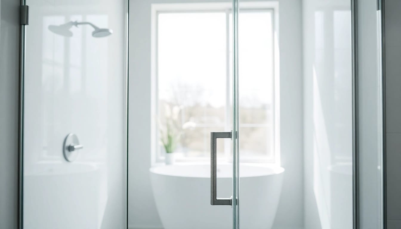Elegant glass shower doors in a modern bathroom, highlighting sleek design and clarity.