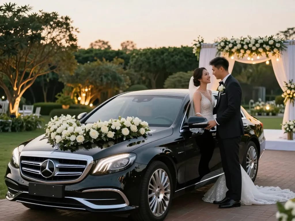 Thuê xe cưới Mercedes với cô dâu và chú rể dưới ánh hoàng hôn, tạo nên không khí lãng mạn.