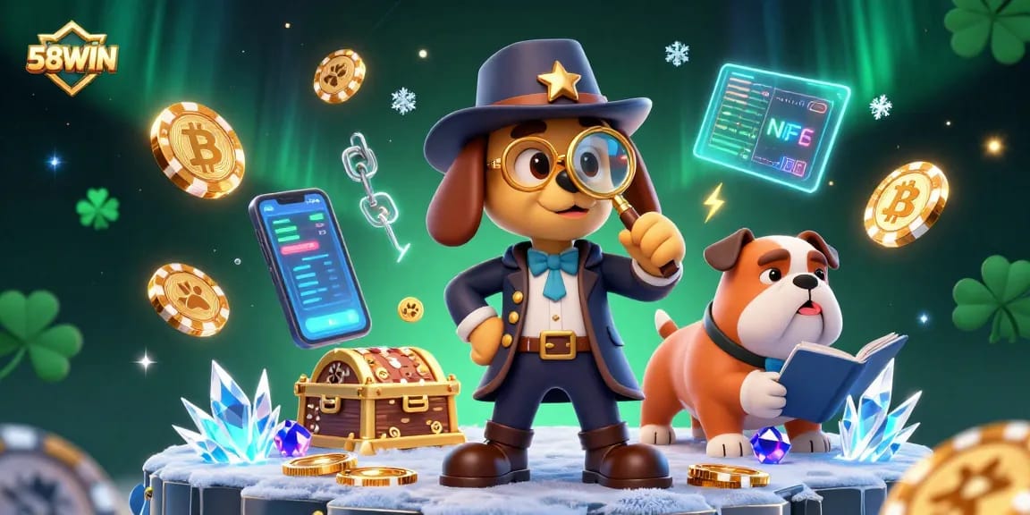 58WIN showcases a casino detective discovering golden poker chips, surrounded by cryptocurrency elements.