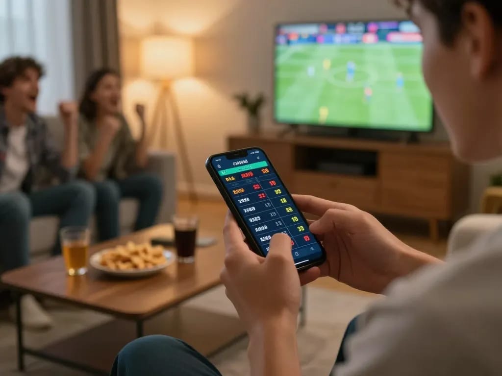 kkwin player placing bets on sports using smartphone in a cozy home setting
