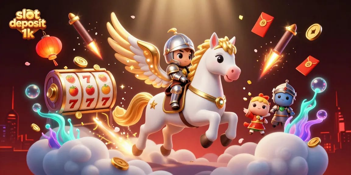 Slot deposit 1k dengan kuda berpayung emas dan simbol slot yang berkilauan.