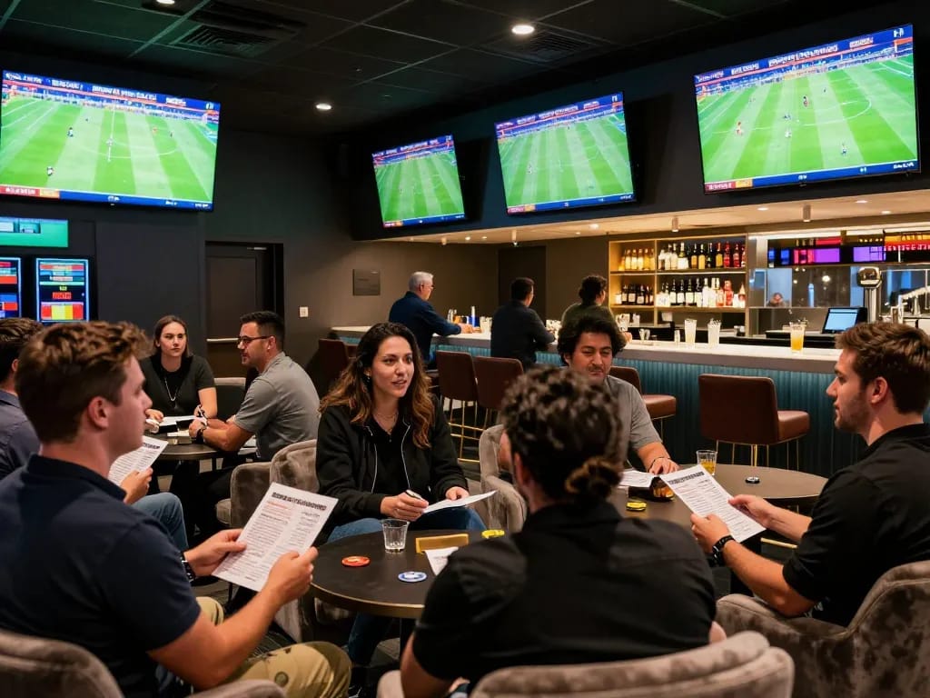 Engaged sports fans betting online with excitement in a modern sports lounge showcasing top trang cá cược bóng đá.