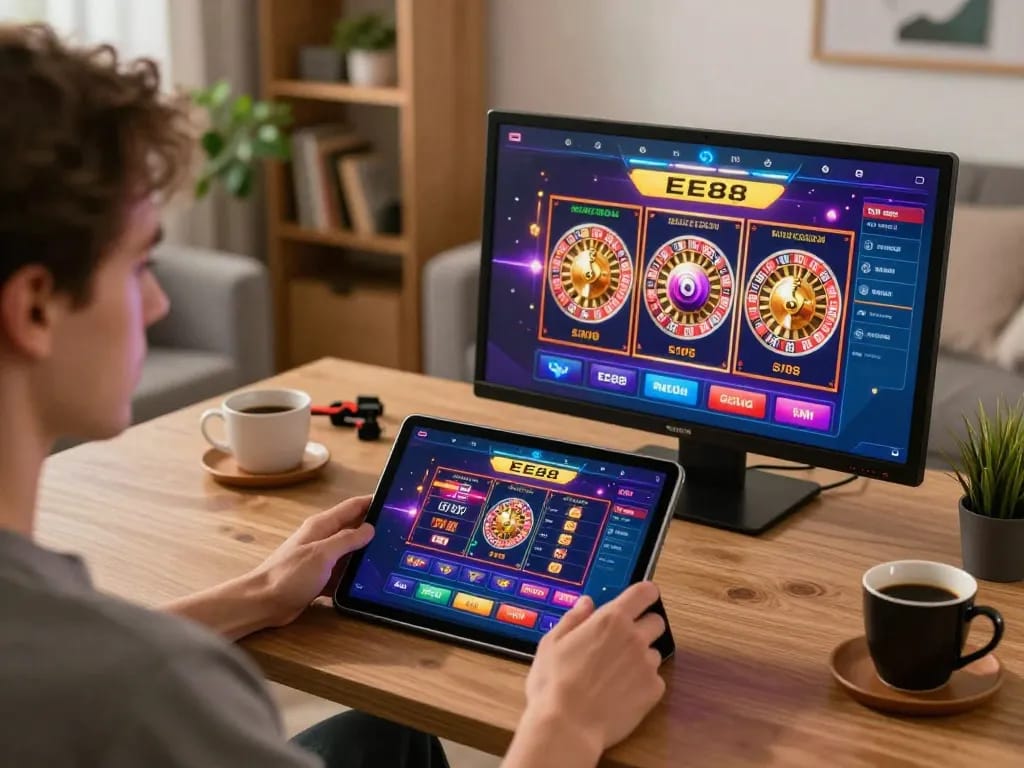 Player enjoying EE88 online casino with tablet in a cozy home setting, focusing on strategic gameplay